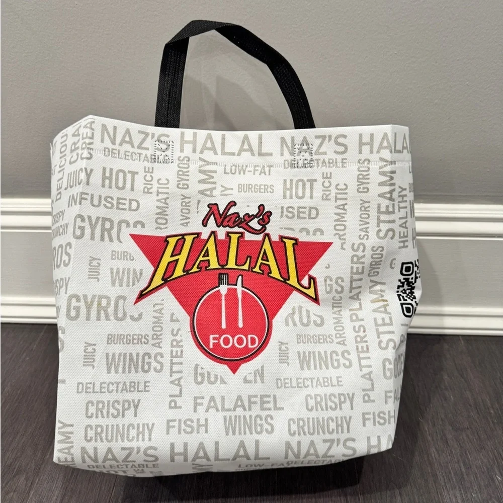 NWOT Naz's Halal Food Logo Reusable Tote Bag - White with Red & Yellow 14 x 10
